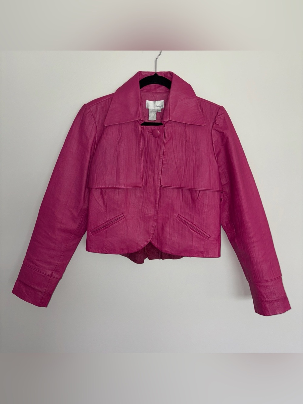 Vintage Spiegel Hot Pink Cropped Genuine Leather Jacket with Peplum Back Sz 14